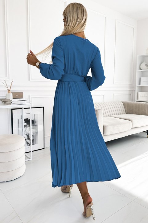 504-5 VIVIANA Plisowana sukienka midi z dekoltem, długim rękawkiem i szerokim paskiem - kolor JEANS 504-5 VIVIANA Plisowana sukienka midi z dekoltem, długim rękawkiem i szerokim paskiem - kolor JEANS