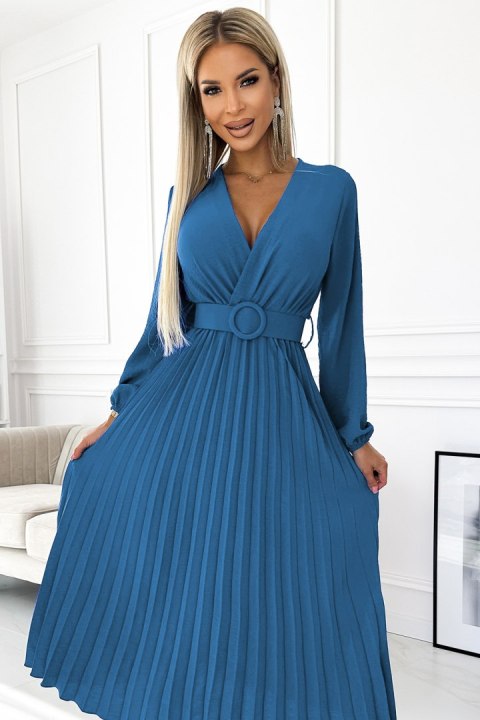 504-5 VIVIANA Plisowana sukienka midi z dekoltem, długim rękawkiem i szerokim paskiem - kolor JEANS 504-5 VIVIANA Plisowana sukienka midi z dekoltem, długim rękawkiem i szerokim paskiem - kolor JEANS
