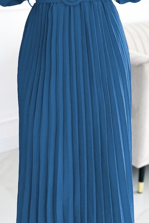 504-5 VIVIANA Plisowana sukienka midi z dekoltem, długim rękawkiem i szerokim paskiem - kolor JEANS 504-5 VIVIANA Plisowana sukienka midi z dekoltem, długim rękawkiem i szerokim paskiem - kolor JEANS