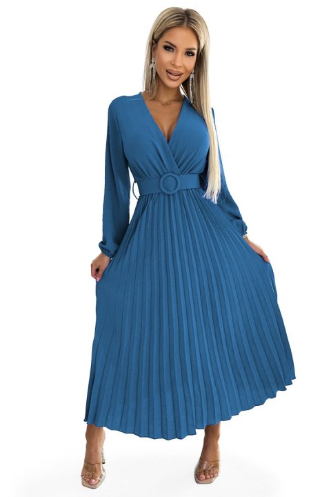 504-5 VIVIANA Plisowana sukienka midi z dekoltem, długim rękawkiem i szerokim paskiem - kolor JEANS 504-5 VIVIANA Plisowana sukienka midi z dekoltem, długim rękawkiem i szerokim paskiem - kolor JEANS