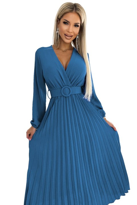 504-5 VIVIANA Plisowana sukienka midi z dekoltem, długim rękawkiem i szerokim paskiem - kolor JEANS 504-5 VIVIANA Plisowana sukienka midi z dekoltem, długim rękawkiem i szerokim paskiem - kolor JEANS