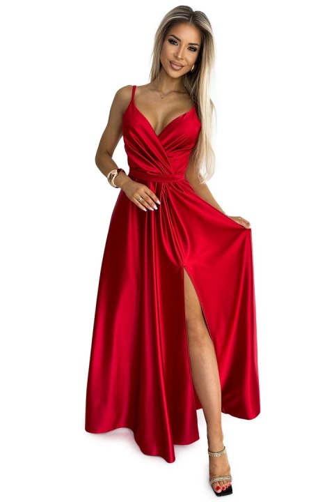 512-5 JULIET elegancka długa satynowa suknia z dekoltem i rozcięciem na nogę - CZERWONA 512-5 JULIET elegancka długa satynowa suknia z dekoltem i rozcięciem na nogę - CZERWONA