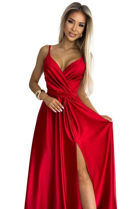 512-5 JULIET elegancka długa satynowa suknia z dekoltem i rozcięciem na nogę - CZERWONA 512-5 JULIET elegancka długa satynowa suknia z dekoltem i rozcięciem na nogę - CZERWONA