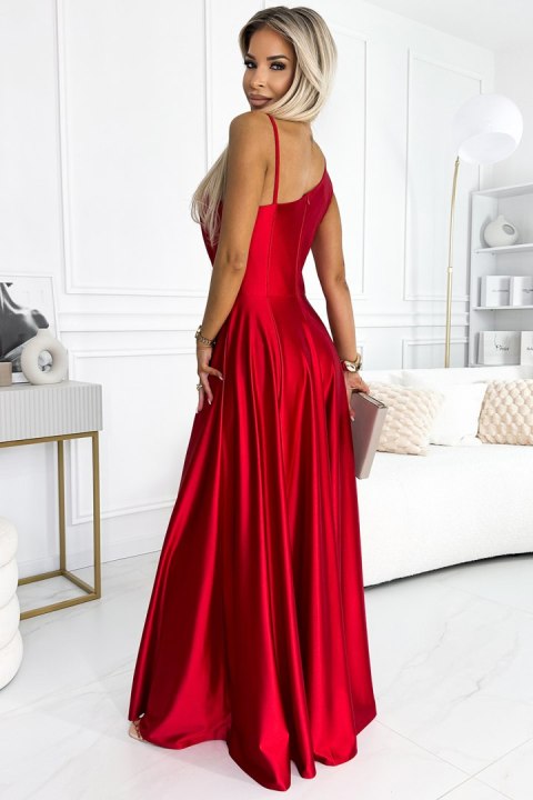 524-1 Długa elegancka satynowa suknia na jedno ramię - CZERWONA 524-1 Długa elegancka satynowa suknia na jedno ramię - CZERWONA